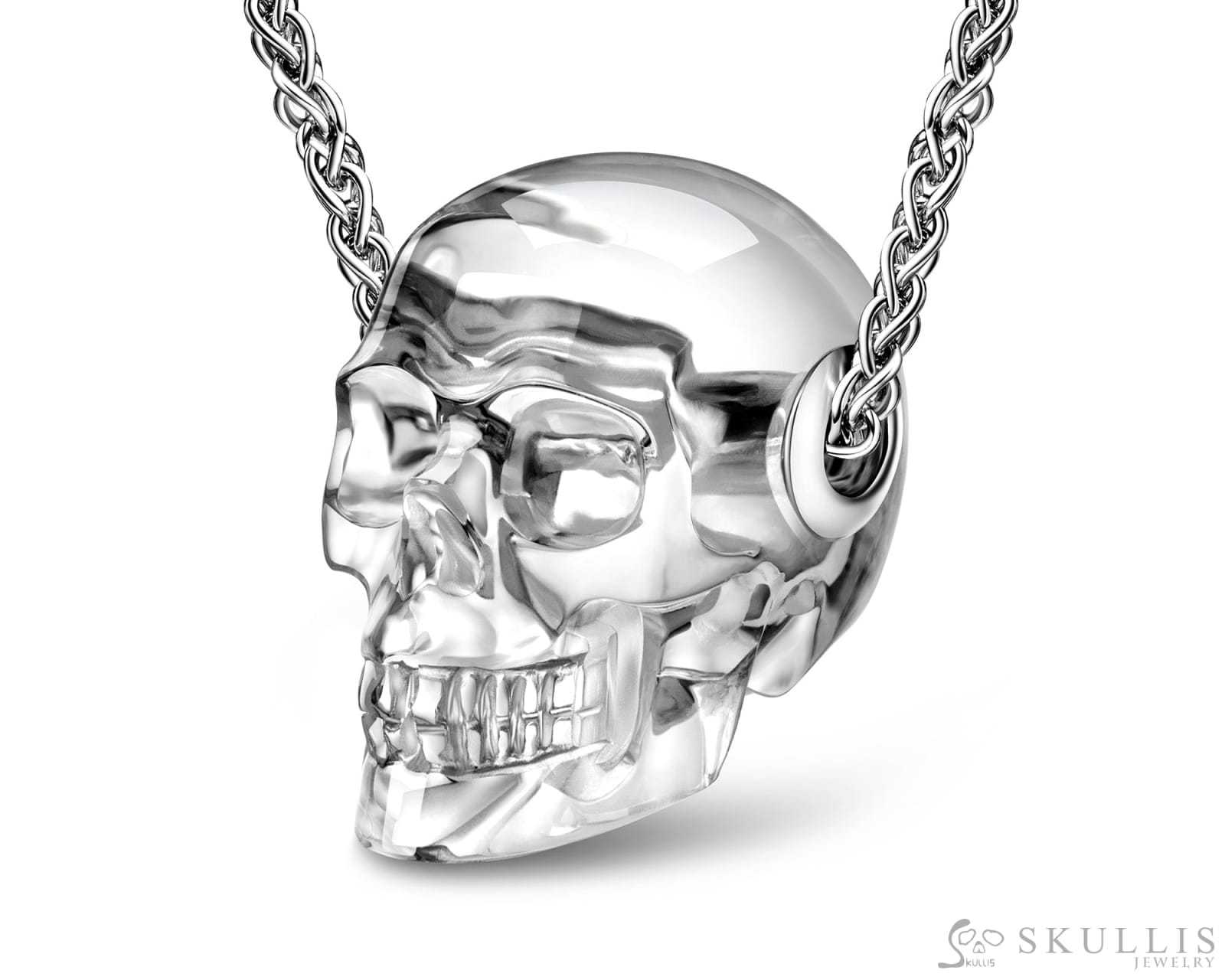 Skullis Signature Quartz Rock Crystal Gem Skull Pendant or Necklace Hand Carved Sterling Silver 925 Chain for Women &