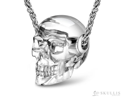 Skullis Signature Quartz Rock Crystal Gem Skull Pendant or Necklace Hand Carved Sterling Silver 925 Chain for Women &