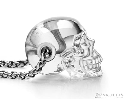 Gem Skull Pendant Necklace Of Quartz Rock Crystal Carved Skull In Blackened Sterling Silver