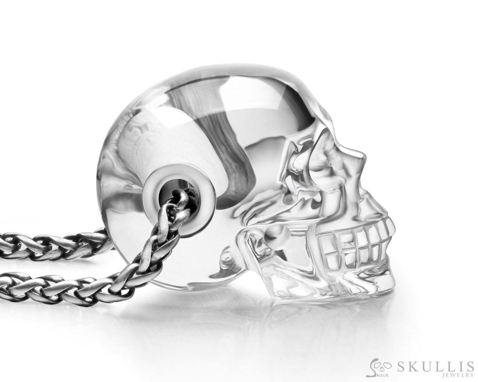 Gem Skull Pendant Necklace Of Quartz Rock Crystal Carved Skull In Blackened Sterling Silver