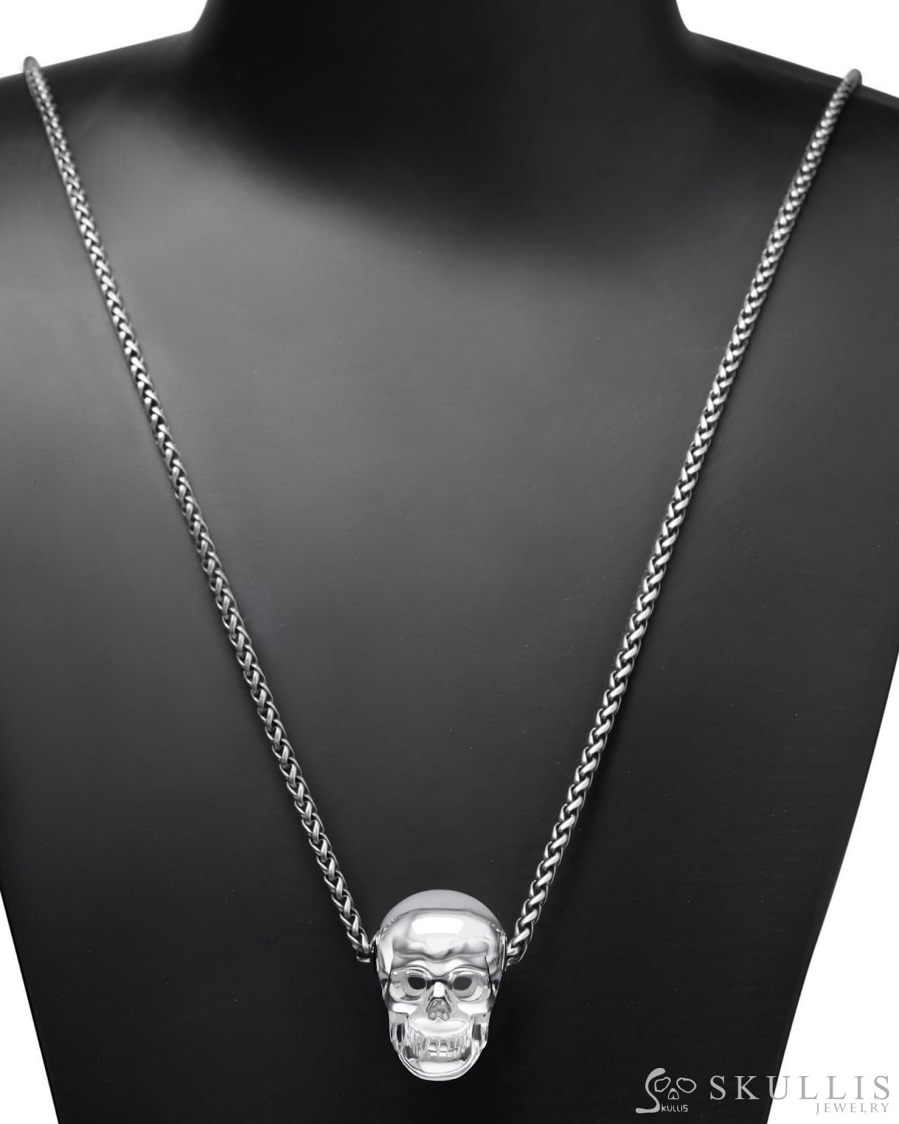 Gem Skull Pendant Necklace Of Quartz Rock Crystal Carved Skull In Blackened Sterling Silver