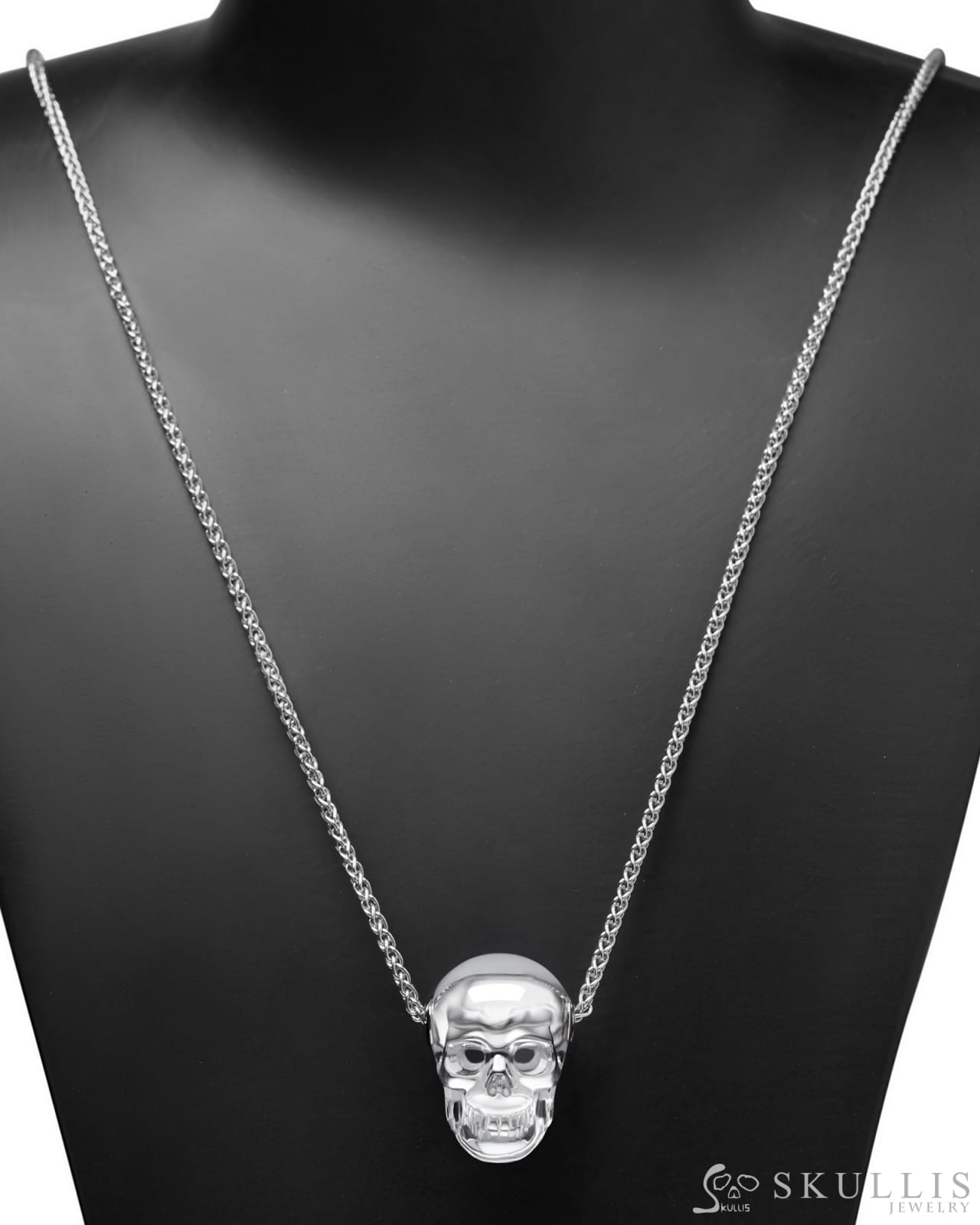 Gem Skull Pendant Necklace Of Quartz Rock Crystal Carved Skull In Blackened Sterling Silver