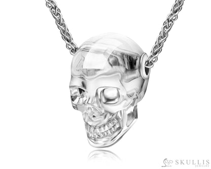 Gem Skull Pendant Necklace Of Quartz Rock Crystal Carved Skull In Blackened Sterling Silver