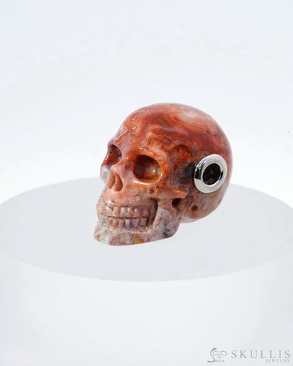 Skullis Signature Red Crazy Lace Agate Gem Skull Pendant Or Necklace Hand Carved Sterling Silver