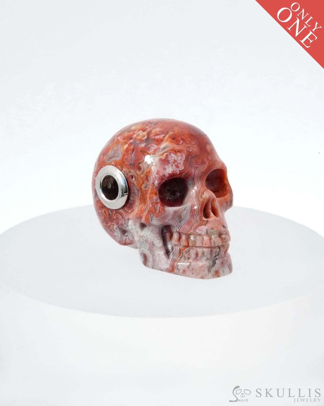 Skullis Signature Red Crazy Lace Agate Gem Skull Pendant Or Necklace Hand Carved Sterling Silver