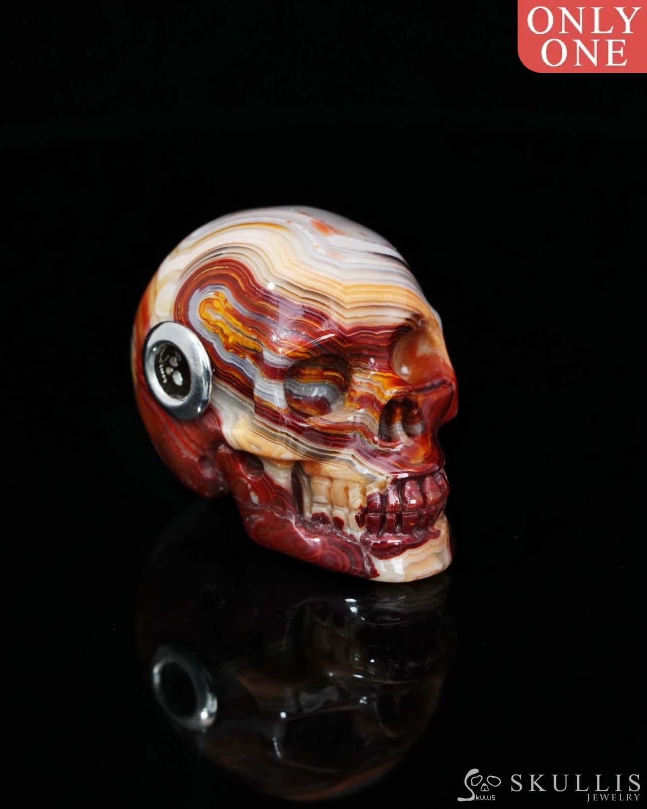 Skullis Signature Red Crazy Lace Agate Gem Skull Pendant or Necklace Hand Carved Sterling Silver 925 Chain for Women &