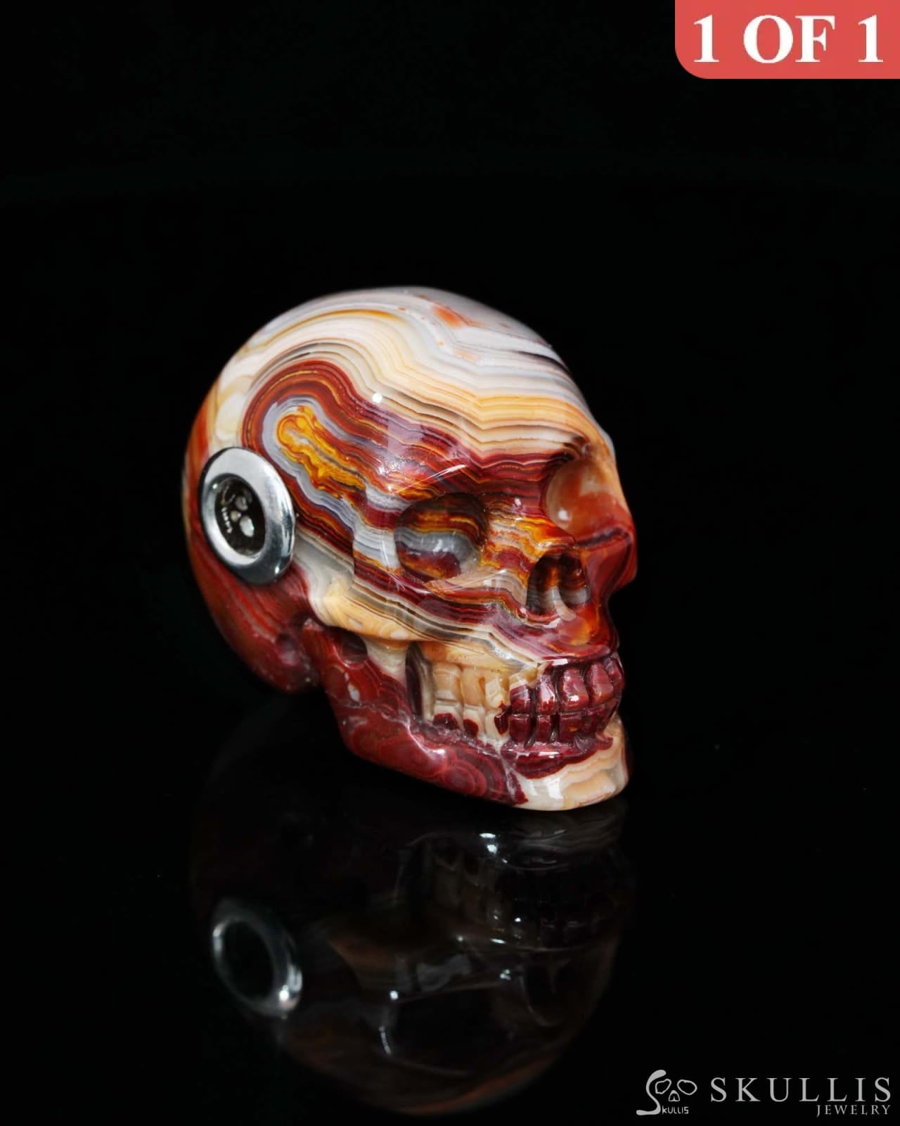 Skullis Signature Red Crazy Lace Agate Gem Skull Pendant or Necklace Hand Carved Sterling Silver 925 Chain for Women &