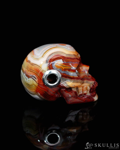 Skullis Signature Red Crazy Lace Agate Gem Skull Pendant or Necklace Hand Carved Sterling Silver 925 Chain for Women &