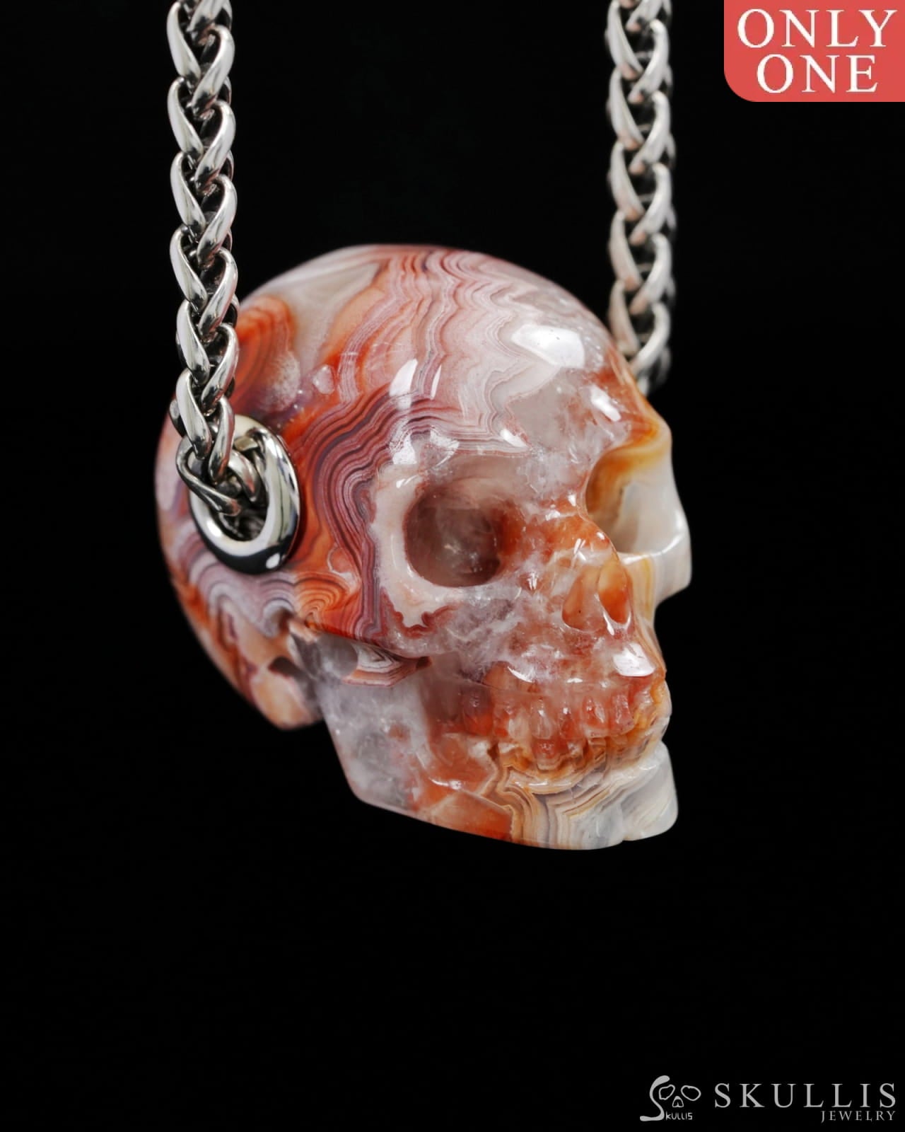 Skullis Signature Red Crazy Lace Agate Gem Skull Pendant or Necklace Hand Carved Sterling Silver 925 Chain for Women &