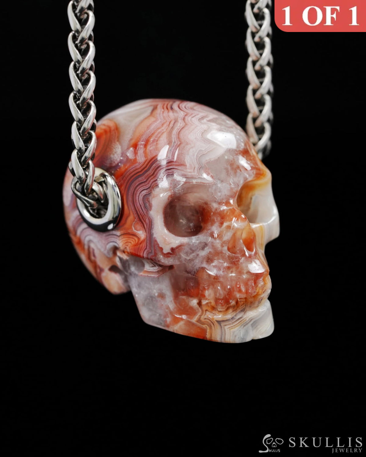 Skullis Signature Red Crazy Lace Agate Gem Skull Pendant or Necklace Hand Carved Sterling Silver 925 Chain for Women &