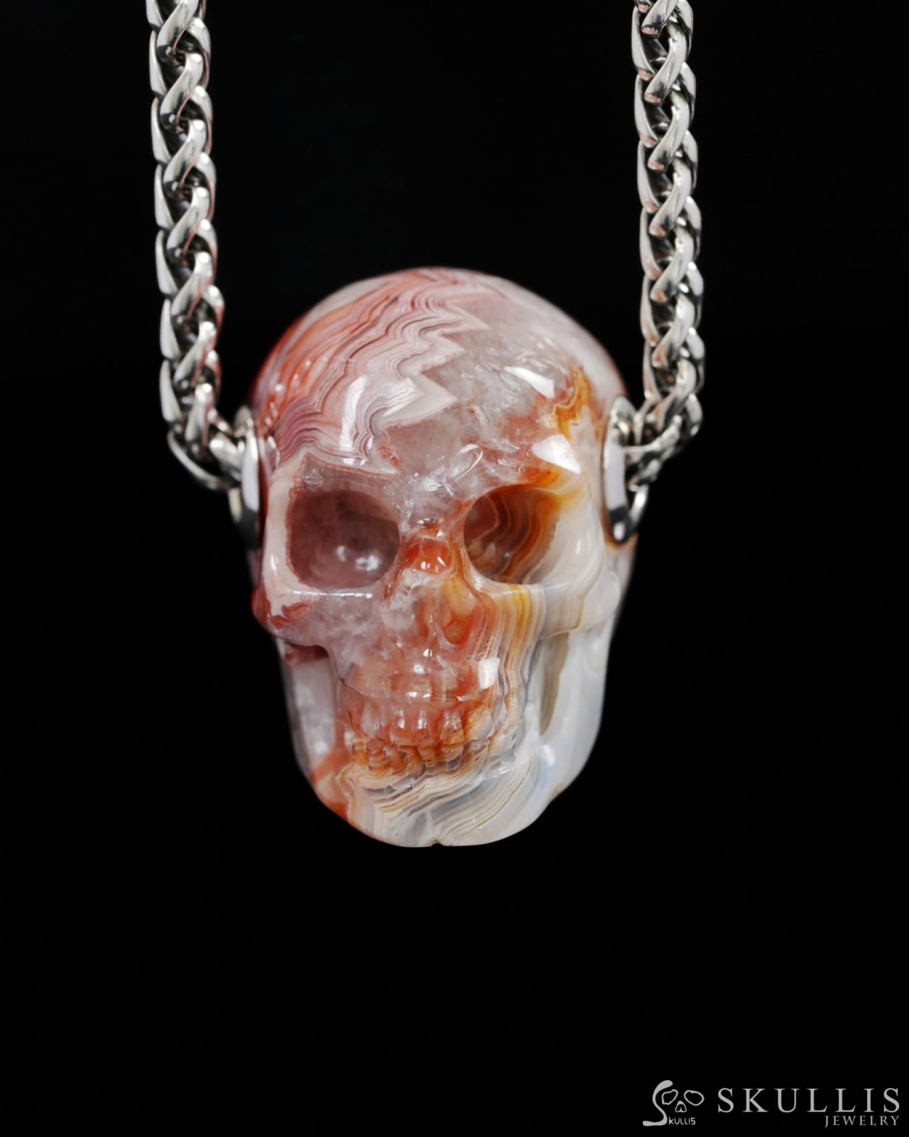 Skullis Signature Red Crazy Lace Agate Gem Skull Pendant or Necklace Hand Carved Sterling Silver 925 Chain for Women &