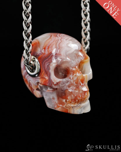 Skullis Signature Red Crazy Lace Agate Gem Skull Pendant or Necklace Hand Carved Sterling Silver 925 Chain for Women &