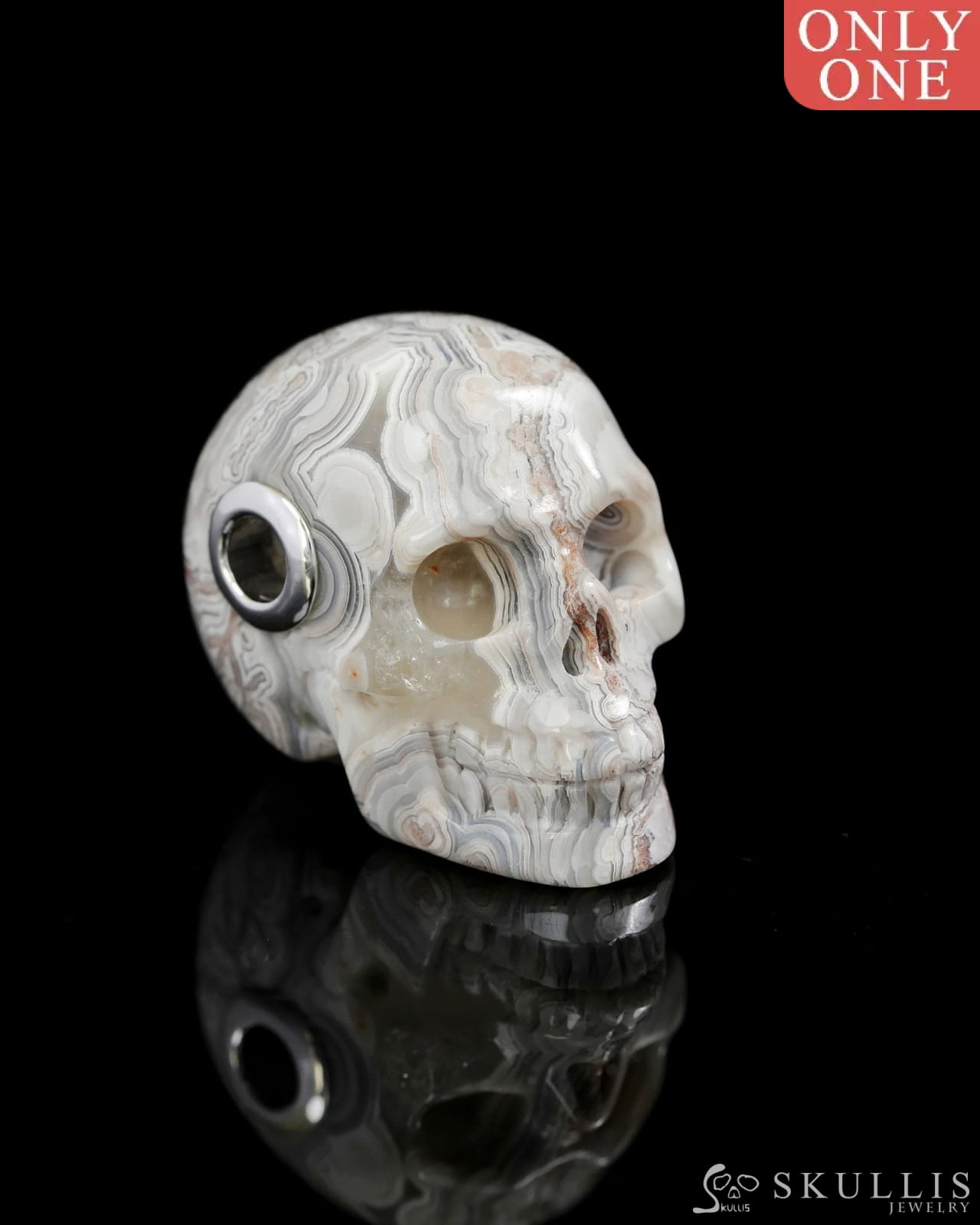 Skullis Signature Red Crazy Lace Agate Gem Skull Pendant or Necklace Hand Carved Sterling Silver 925 Chain for Women &