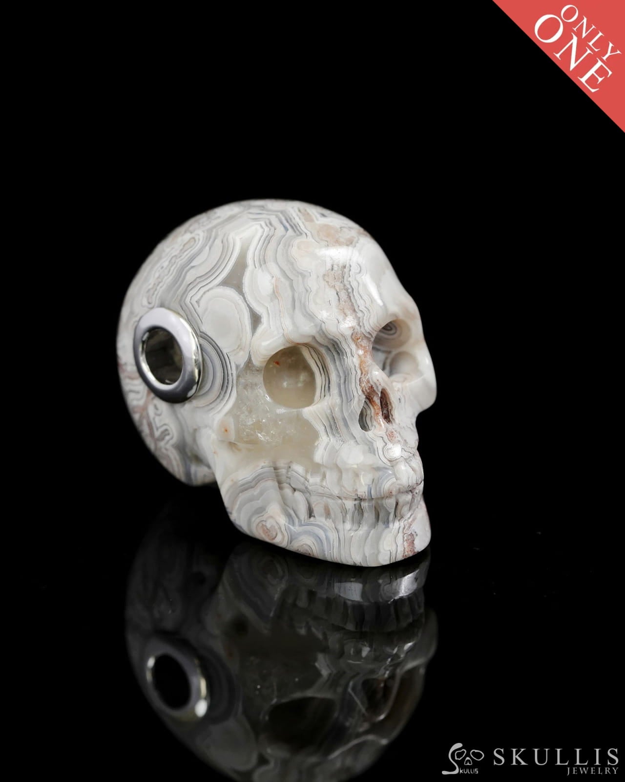 Skullis Signature Red Crazy Lace Agate Gem Skull Pendant or Necklace Hand Carved Sterling Silver 925 Chain for Women &