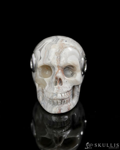 Skullis Signature Red Crazy Lace Agate Gem Skull Pendant or Necklace Hand Carved Sterling Silver 925 Chain for Women &