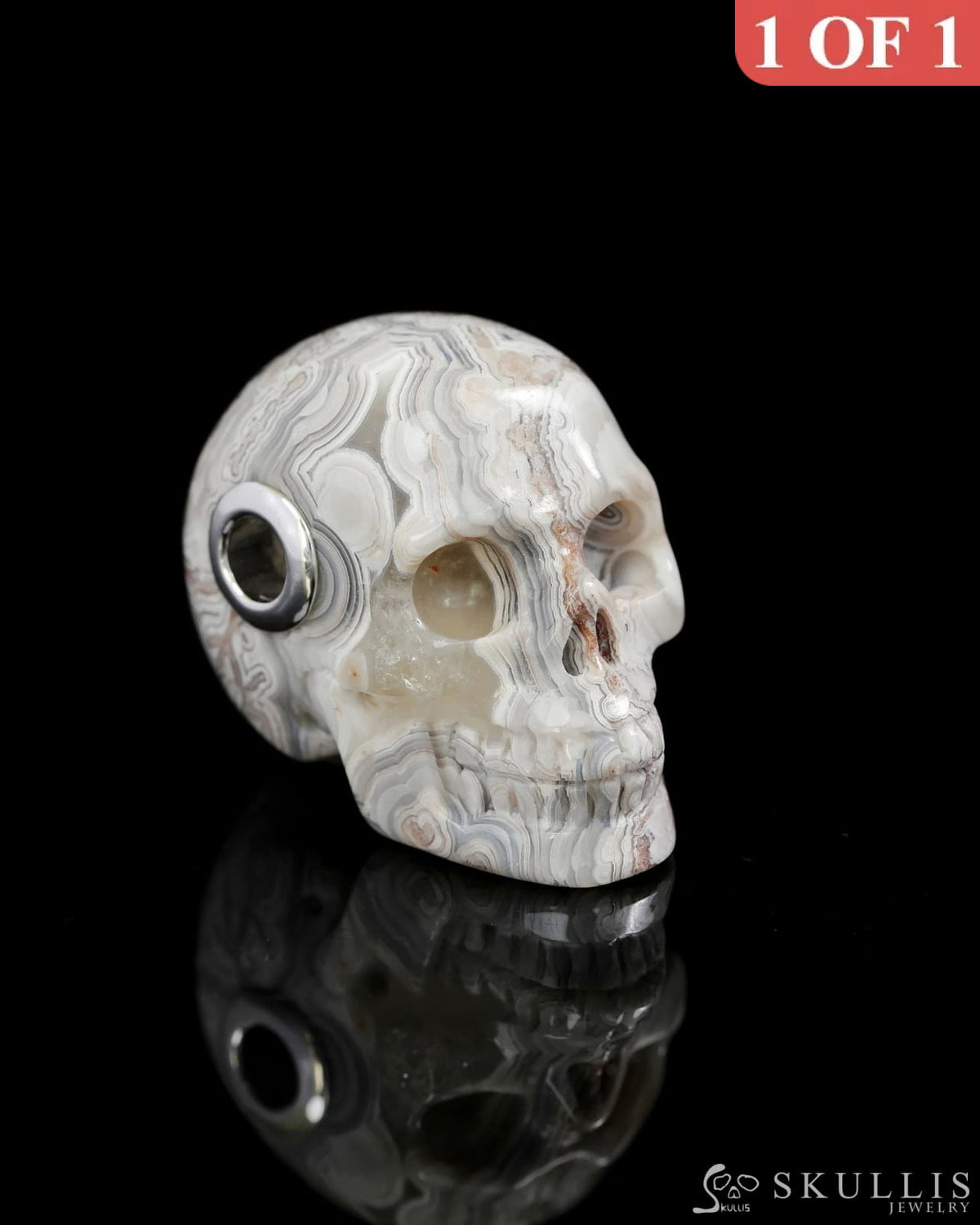 Skullis Signature Red Crazy Lace Agate Gem Skull Pendant or Necklace Hand Carved Sterling Silver 925 Chain for Women &