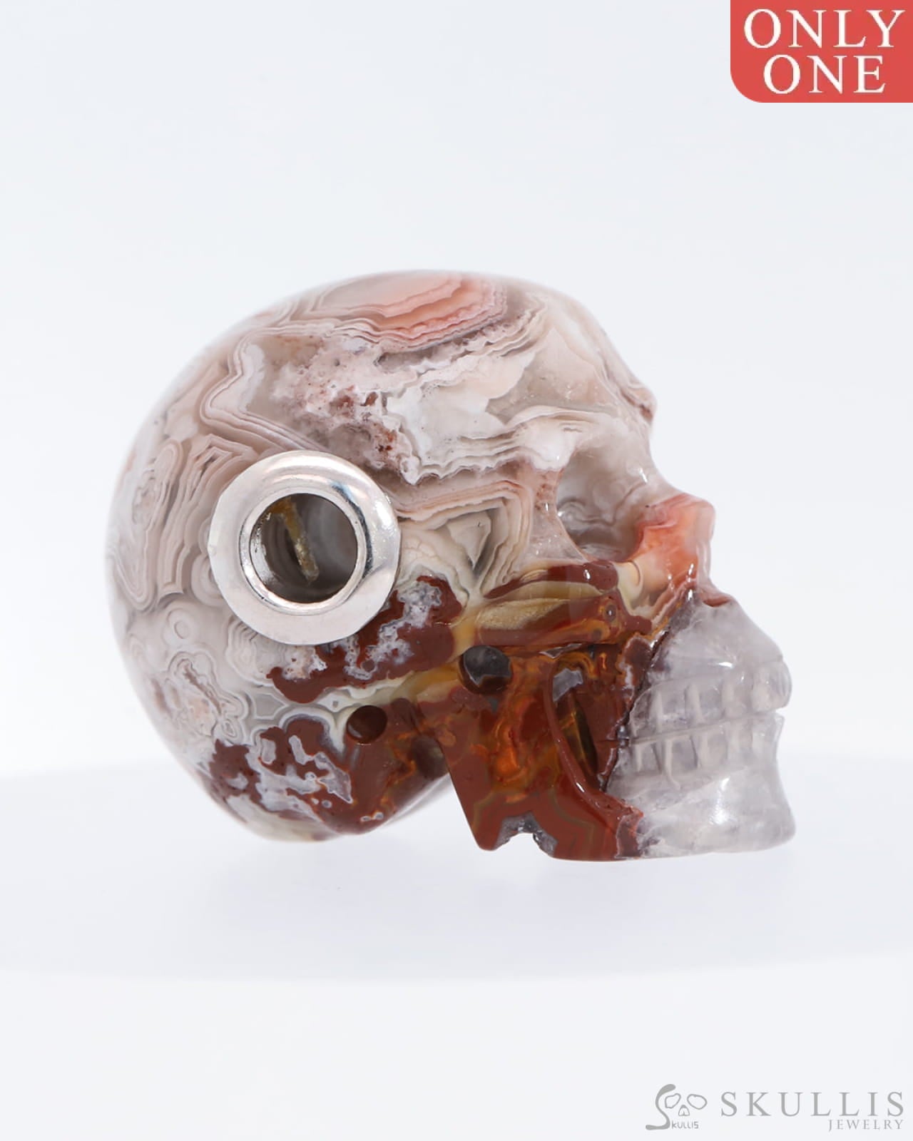 Skullis Signature Red Crazy Lace Agate Gem Skull Pendant Or Necklace Hand Carved Sterling