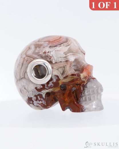 Skullis Signature Red Crazy Lace Agate Gem Skull Pendant Or Necklace Hand Carved Sterling