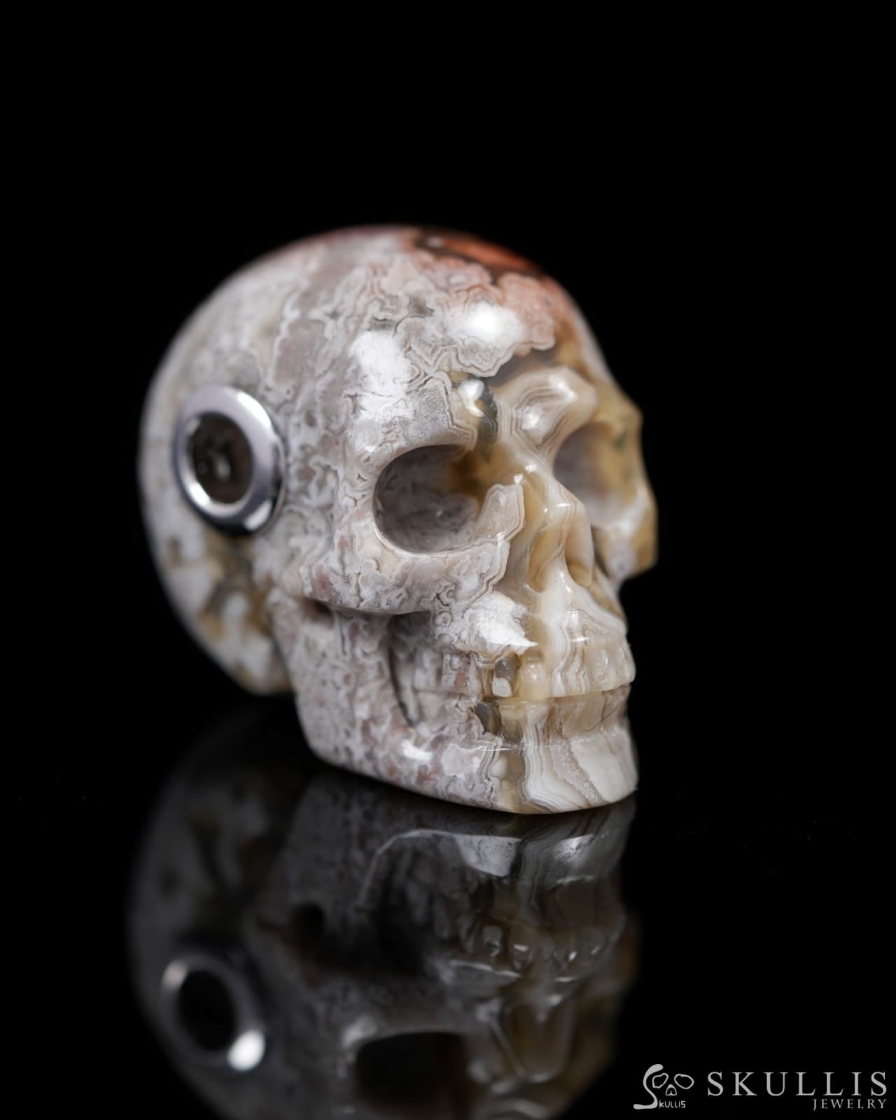 Skullis Signature Red Crazy Lace Agate Gem Skull Pendant or Necklace Hand Carved Sterling Silver 925 Chain for Women &