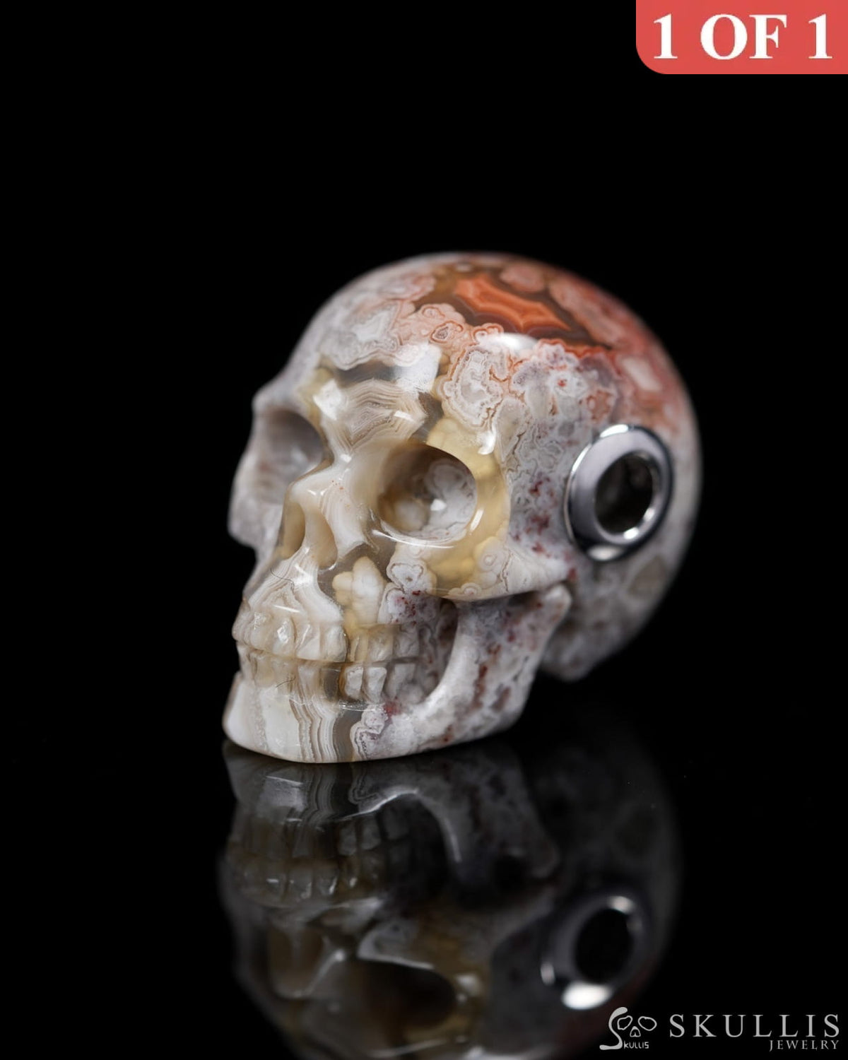 Skullis Signature Red Crazy Lace Agate Gem Skull Pendant or Necklace Hand Carved Sterling Silver 925 Chain for Women &