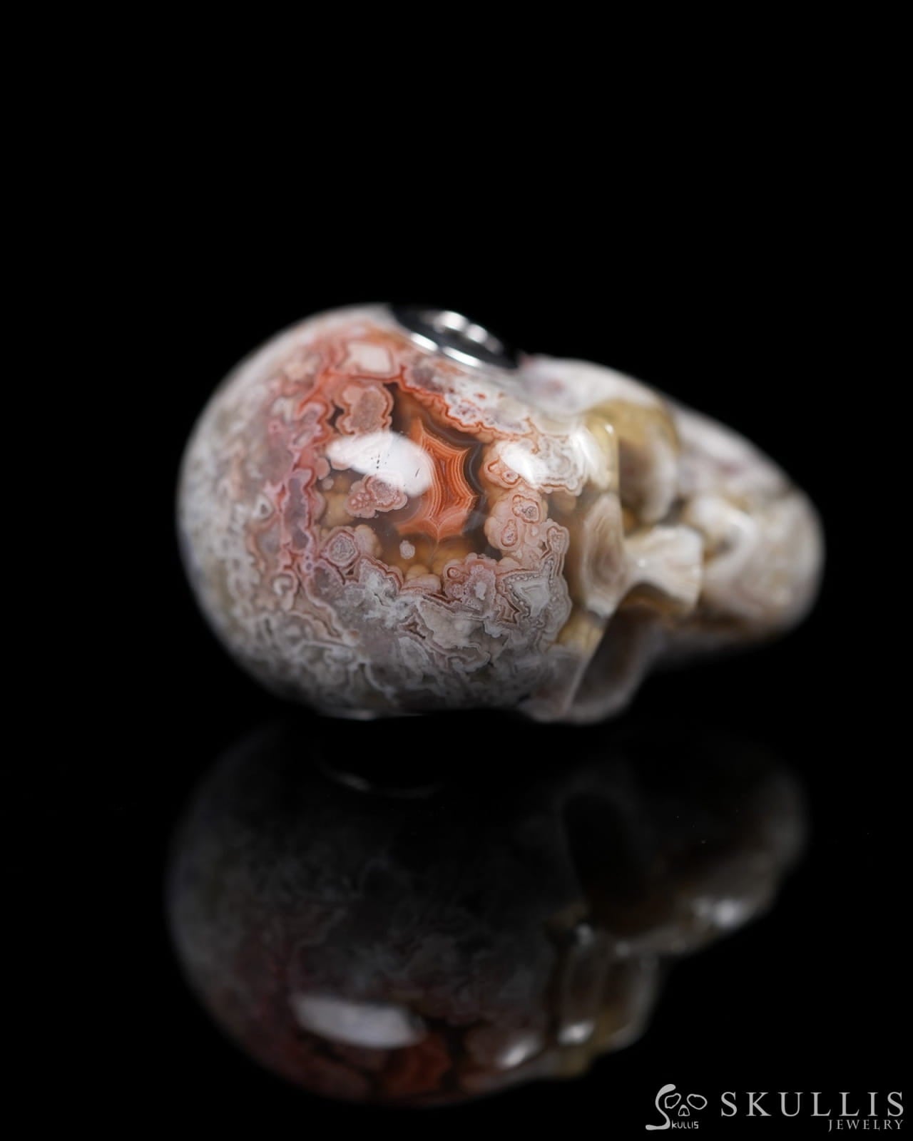 Skullis Signature Red Crazy Lace Agate Gem Skull Pendant or Necklace Hand Carved Sterling Silver 925 Chain for Women &