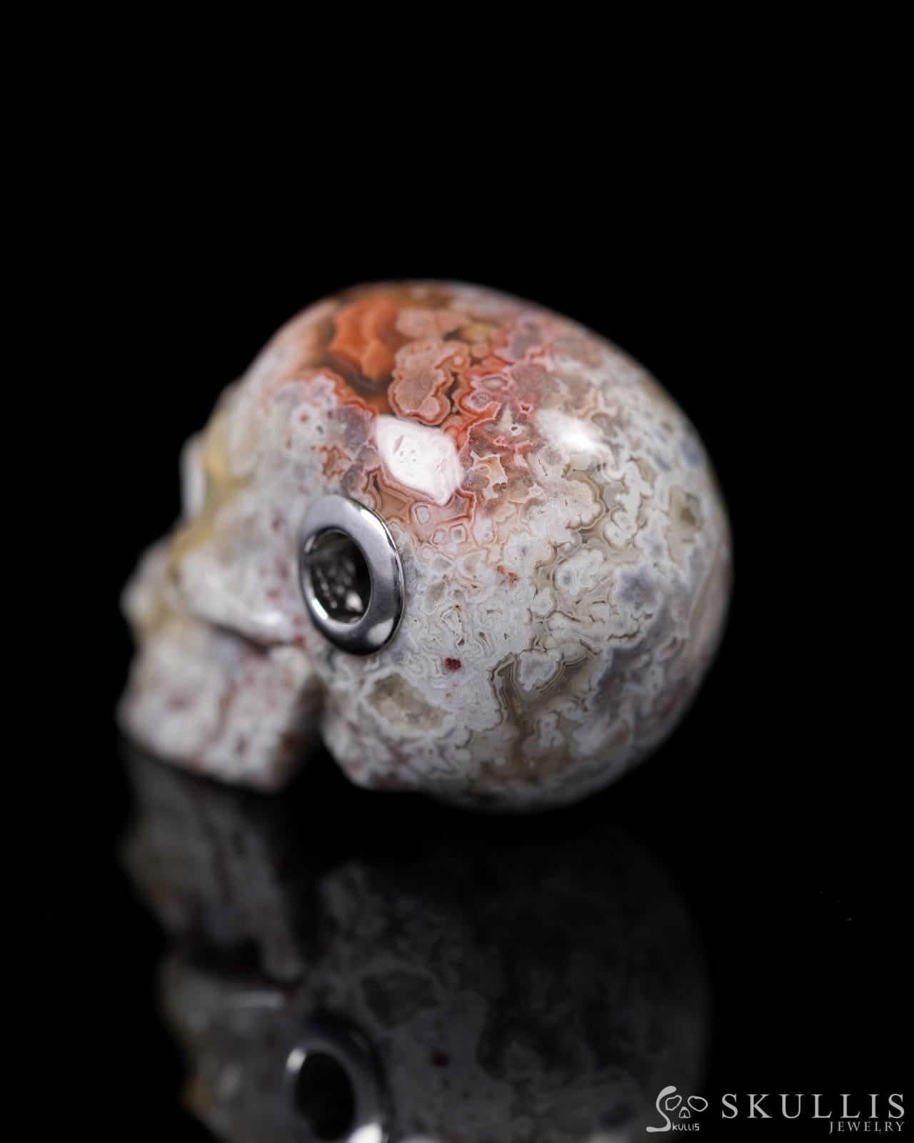 Skullis Signature Red Crazy Lace Agate Gem Skull Pendant or Necklace Hand Carved Sterling Silver 925 Chain for Women &