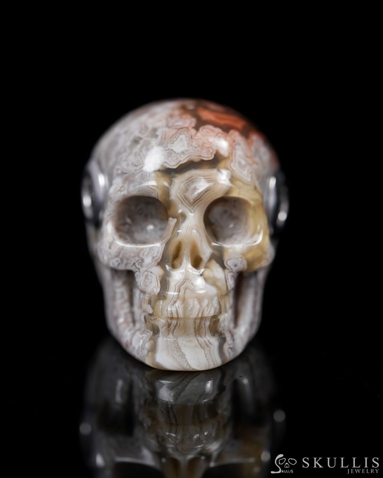 Skullis Signature Red Crazy Lace Agate Gem Skull Pendant or Necklace Hand Carved Sterling Silver 925 Chain for Women &