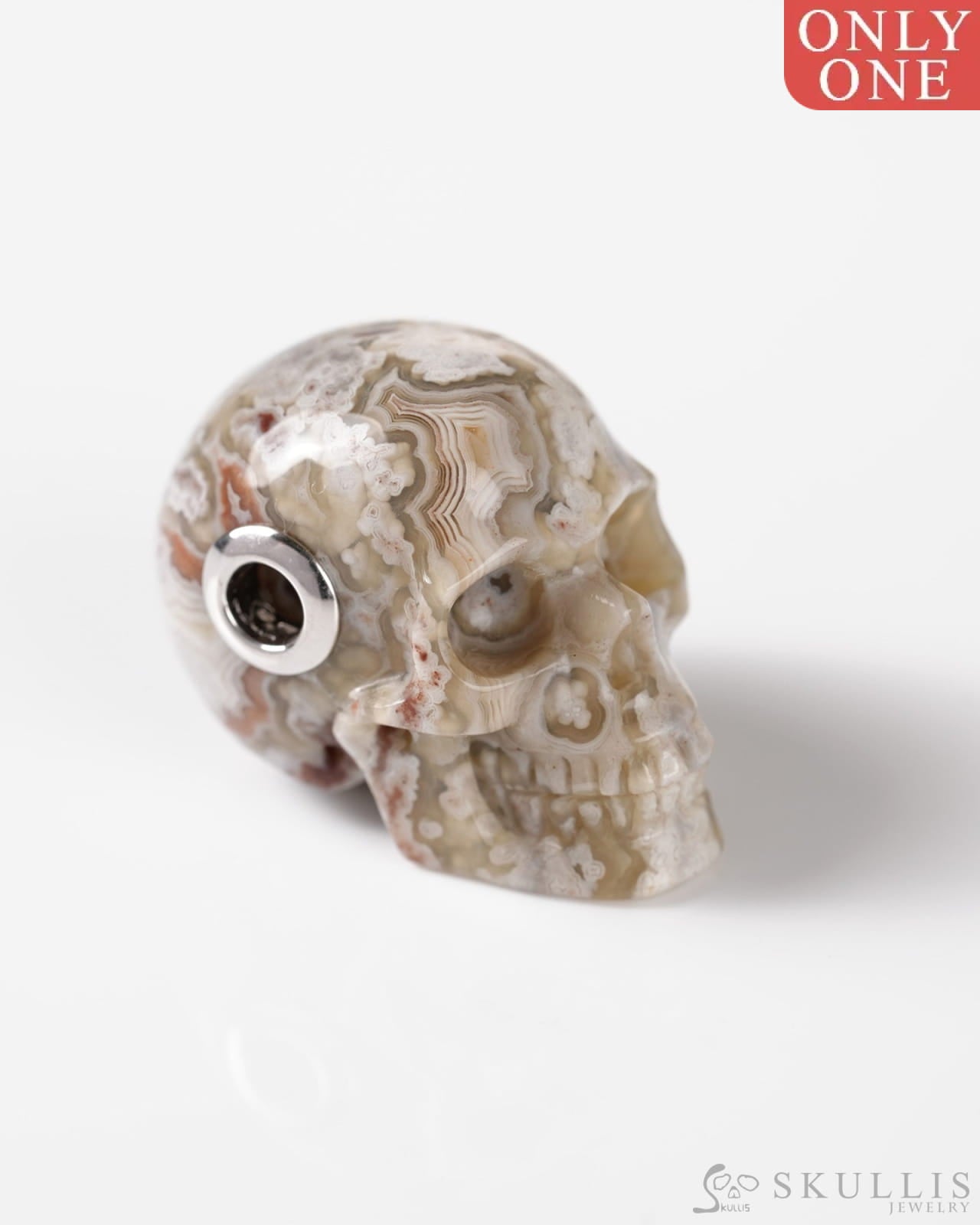 Skullis Signature Red Crazy Lace Agate Gem Skull Pendant or Necklace Hand Carved Sterling Silver 925 Chain for Women &