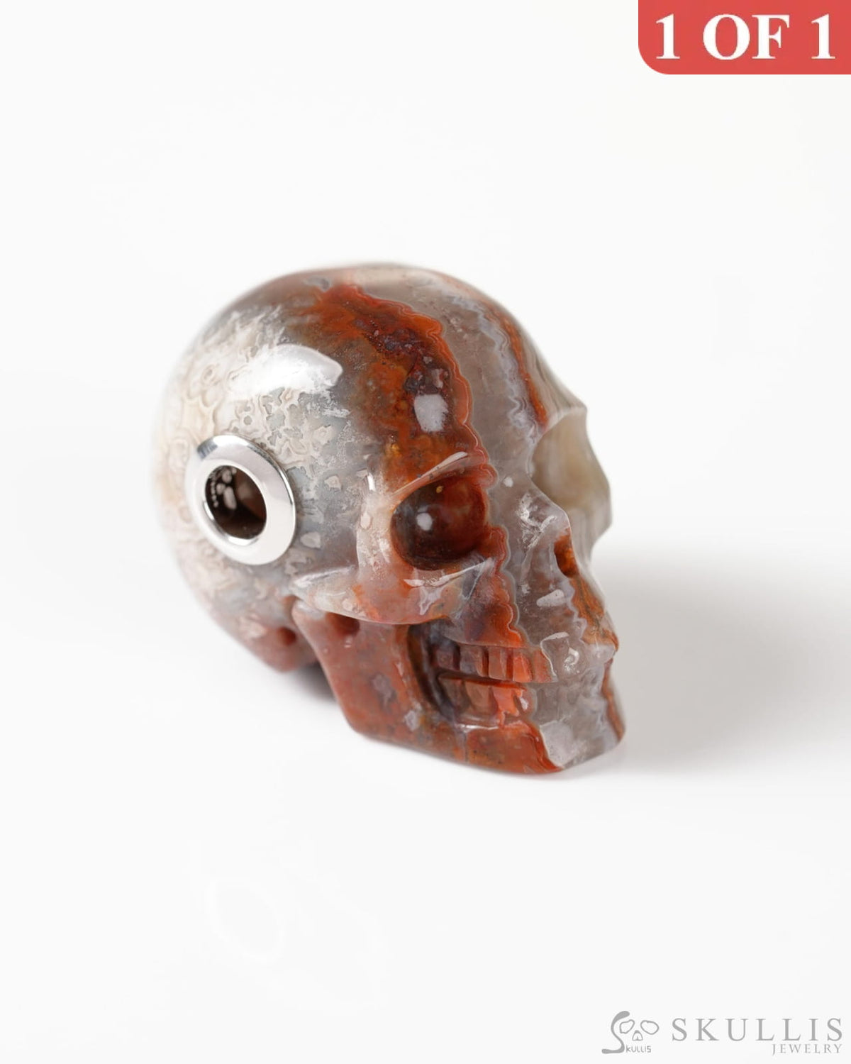 Skullis Signature Red Crazy Lace Agate Gem Skull Pendant or Necklace Hand Carved Sterling Silver 925 Chain for Women &