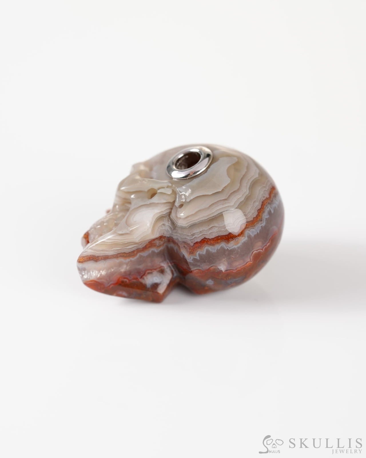 Skullis Signature Red Crazy Lace Agate Gem Skull Pendant or Necklace Hand Carved Sterling Silver 925 Chain for Women &