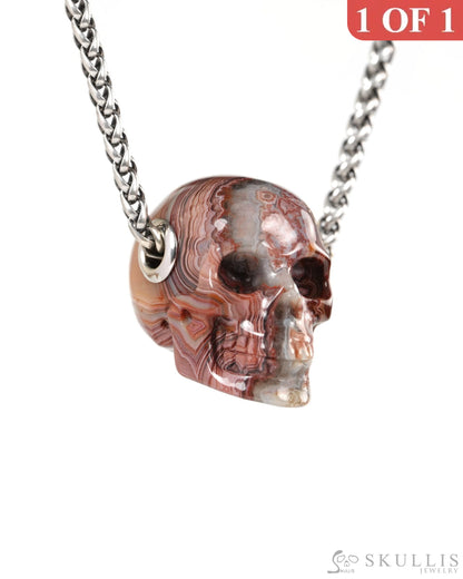 Skullis Signature Red Crazy Lace Agate Gem Skull Pendant or Necklace Hand Carved for Women & Men - 9900138 - Skull