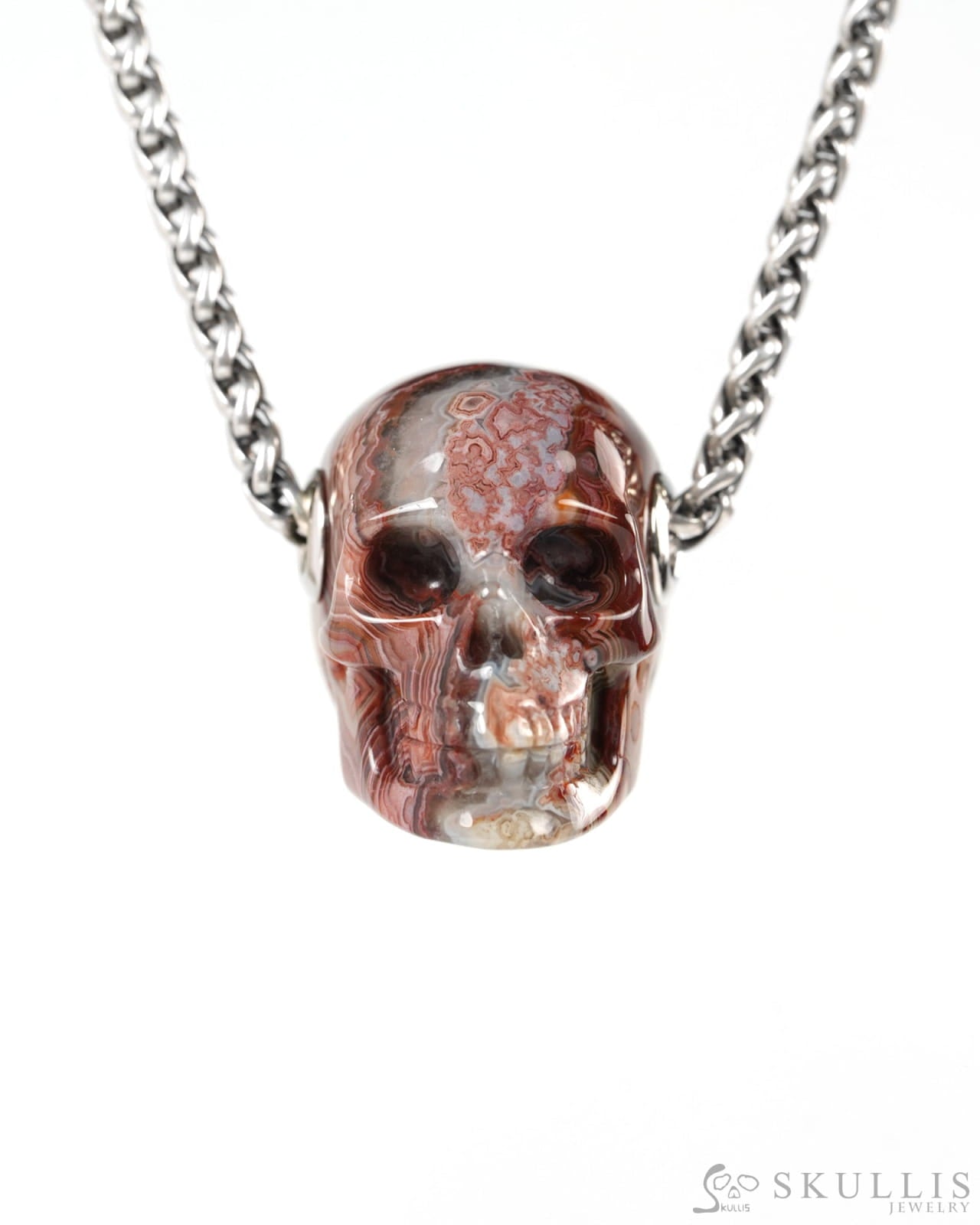 Skullis Signature Red Crazy Lace Agate Gem Skull Pendant or Necklace Hand Carved for Women & Men - 9900138 - Skull