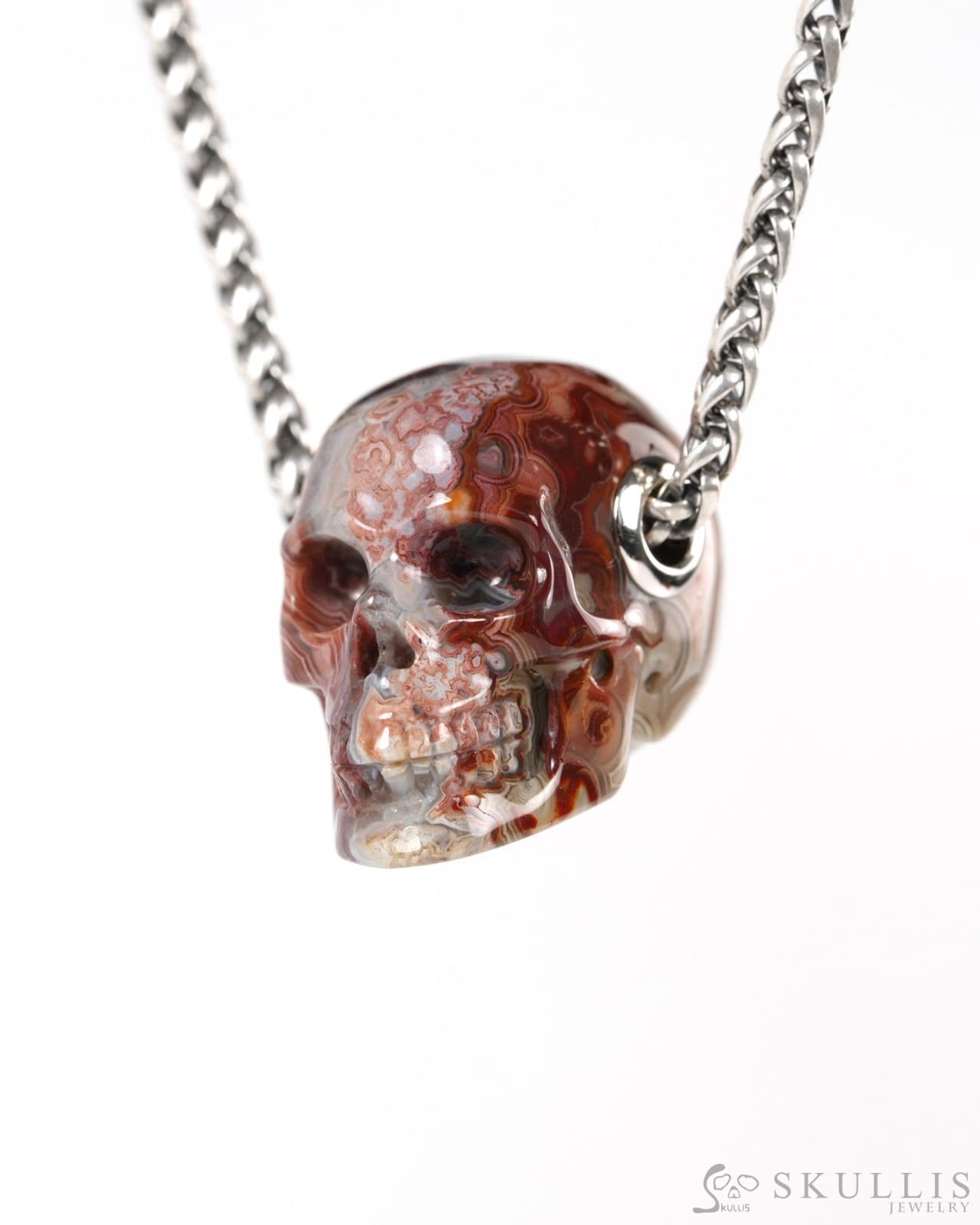 Skullis Signature Red Crazy Lace Agate Gem Skull Pendant or Necklace Hand Carved for Women & Men - 9900138 - Skull