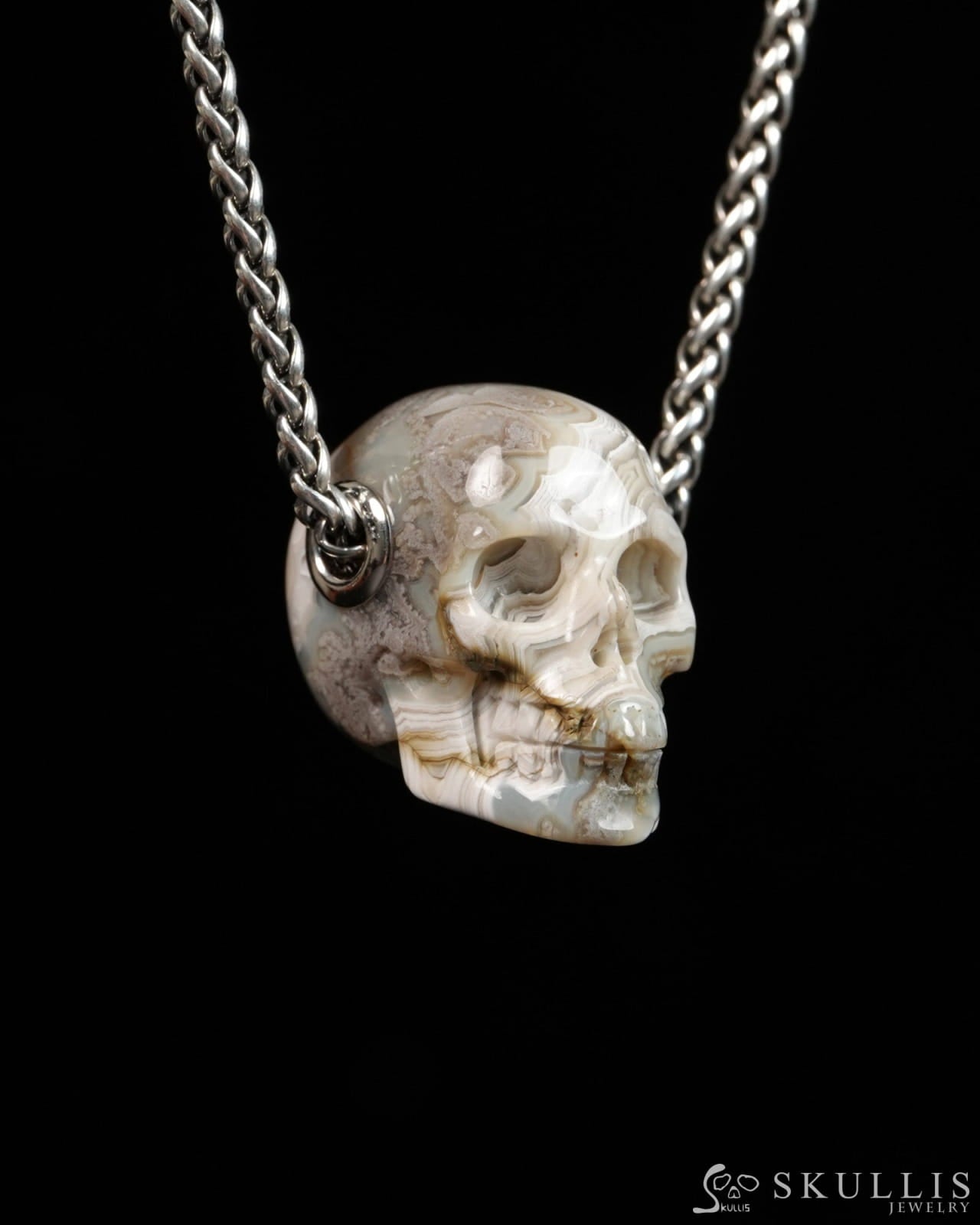 Skullis Signature Red Crazy Lace Agate Gem Skull Pendant or Necklace Hand Carved for Women & Men - 9900310 - Skull