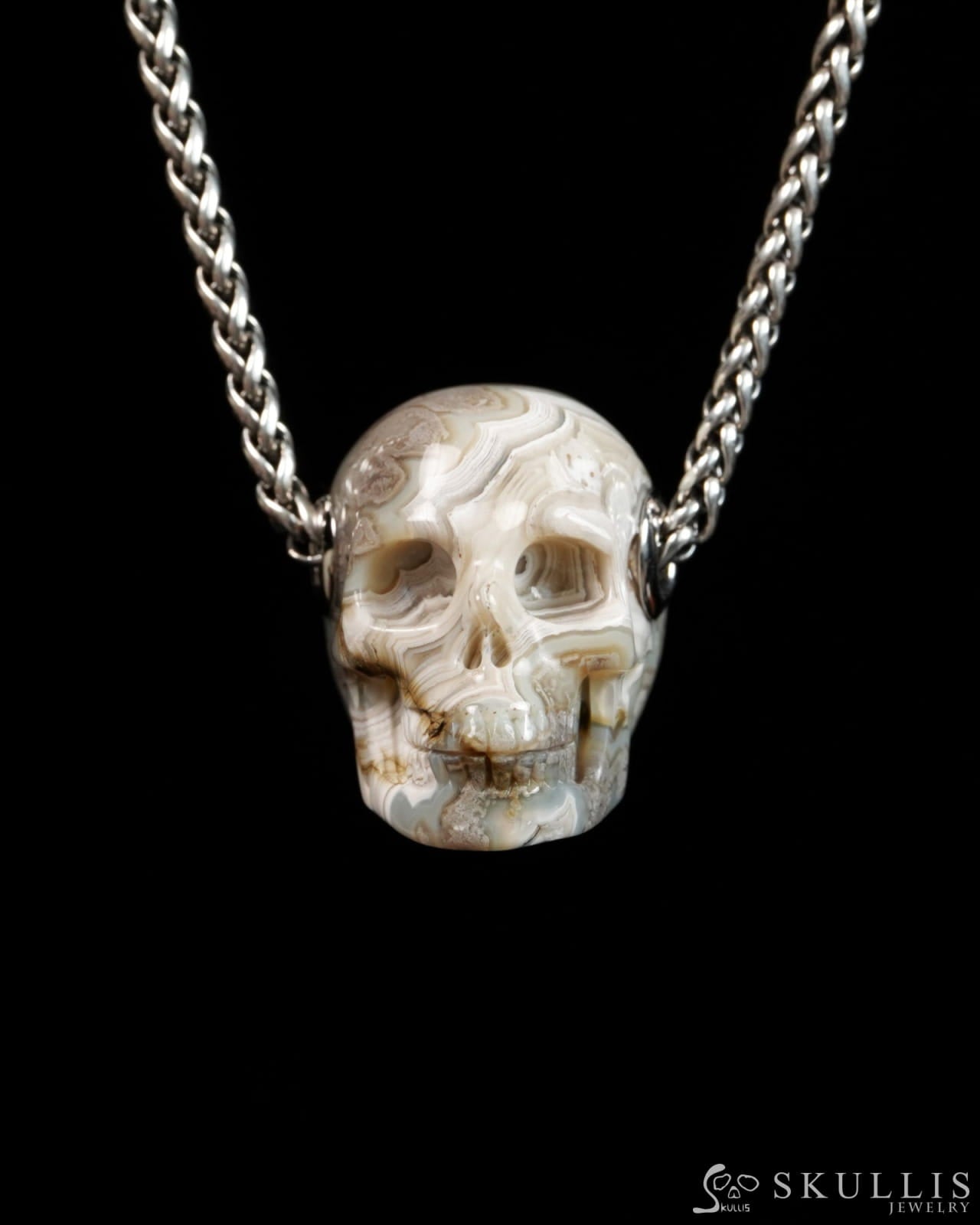 Skullis Signature Red Crazy Lace Agate Gem Skull Pendant or Necklace Hand Carved for Women & Men - 9900310 - Skull