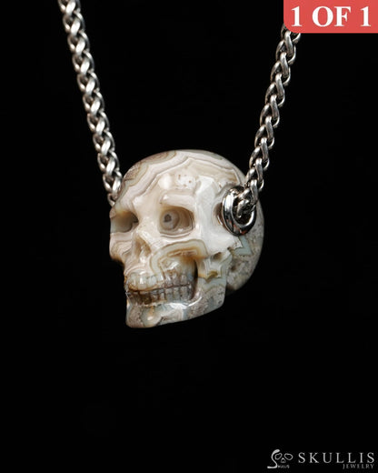Skullis Signature Red Crazy Lace Agate Gem Skull Pendant or Necklace Hand Carved for Women & Men - 9900310 - Skull