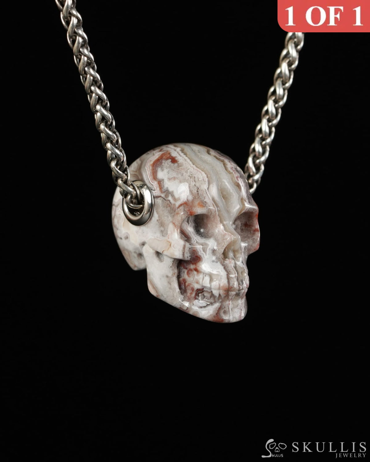 Skullis Signature Red Crazy Lace Agate Gem Skull Pendant or Necklace Hand Carved for Women & Men - 9900554 - Skull
