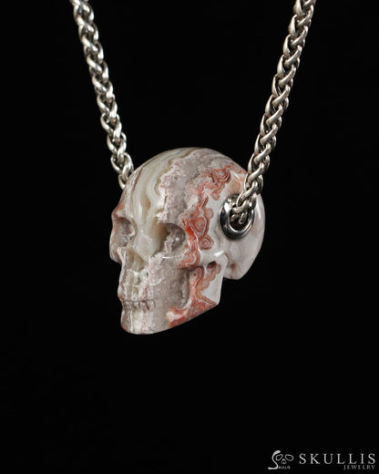 Skullis Signature Red Crazy Lace Agate Gem Skull Pendant or Necklace Hand Carved for Women & Men - 9900554 - Skull