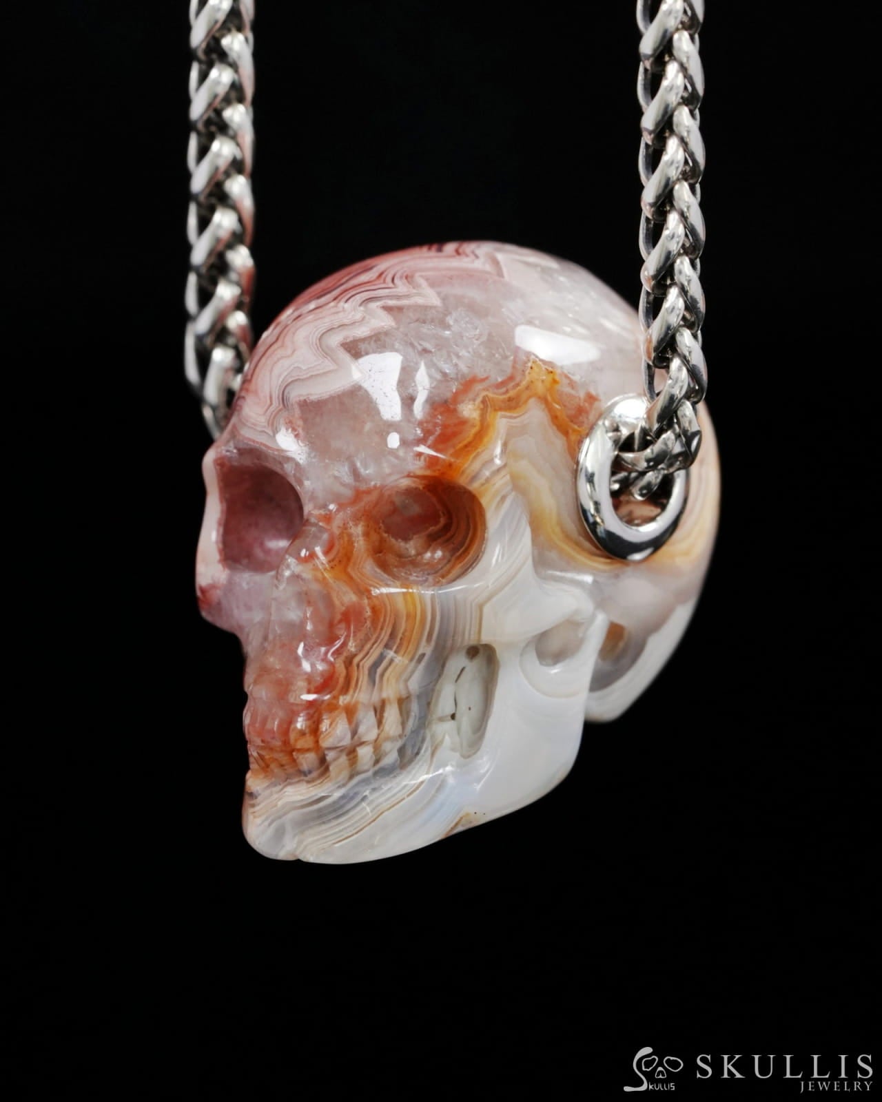 Skullis Signature Red Crazy Lace Agate Gem Skull Pendant or Necklace Hand Carved Sterling Silver 925 Chain for Women &