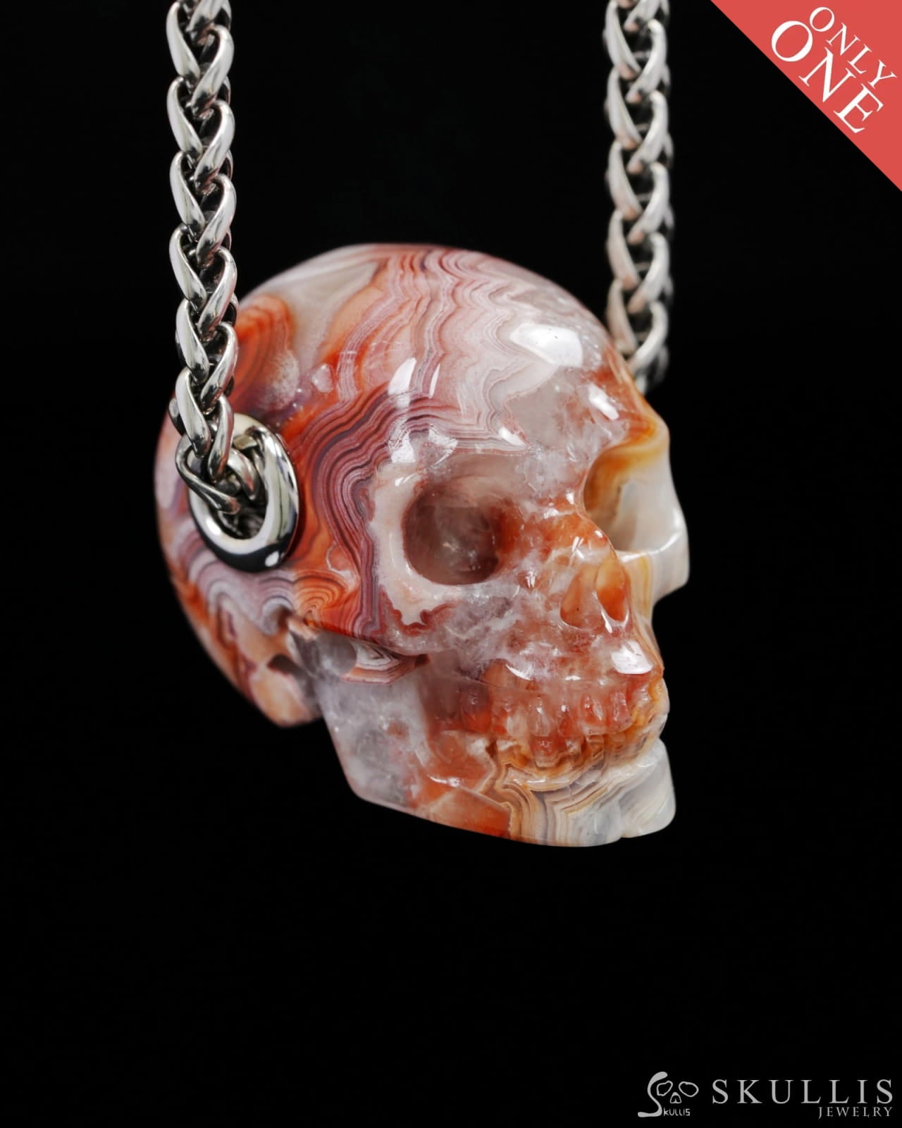 Skullis Signature Red Crazy Lace Agate Gem Skull Pendant or Necklace Hand Carved Sterling Silver 925 Chain for Women &