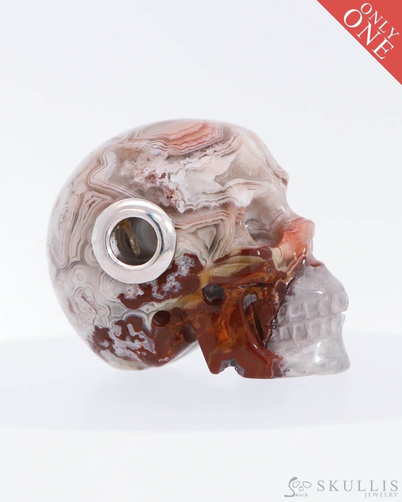 Skullis Signature Red Crazy Lace Agate Gem Skull Pendant Or Necklace Hand Carved Sterling