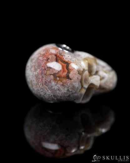 Skullis Signature Red Crazy Lace Agate Gem Skull Pendant or Necklace Hand Carved Sterling Silver 925 Chain for Women &