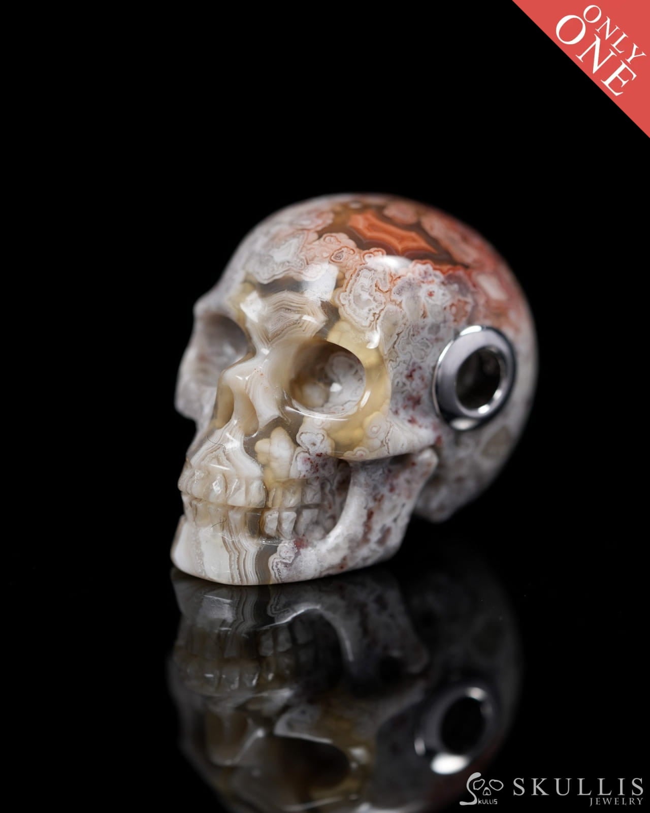 Skullis Signature Red Crazy Lace Agate Gem Skull Pendant or Necklace Hand Carved Sterling Silver 925 Chain for Women &