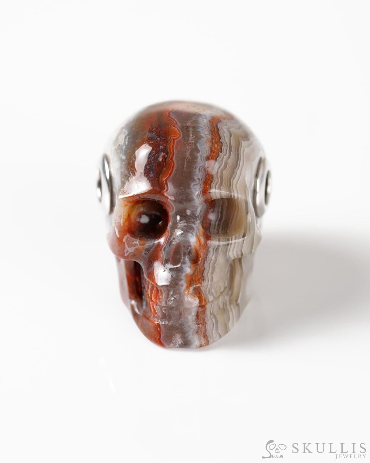 Skullis Signature Red Crazy Lace Agate Gem Skull Pendant or Necklace Hand Carved Sterling Silver 925 Chain for Women &