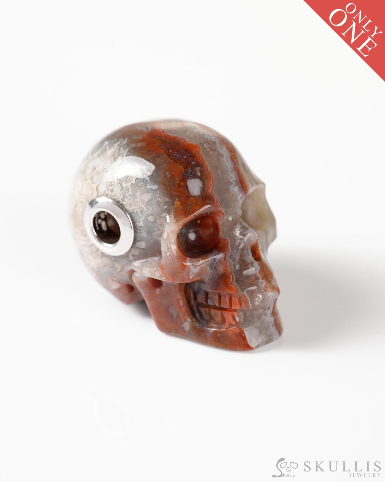 Skullis Signature Red Crazy Lace Agate Gem Skull Pendant or Necklace Hand Carved Sterling Silver 925 Chain for Women &