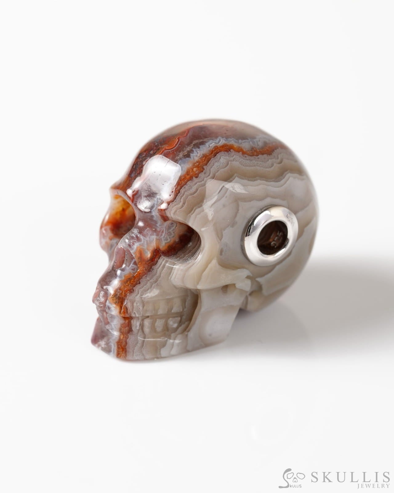 Skullis Signature Red Crazy Lace Agate Gem Skull Pendant or Necklace Hand Carved Sterling Silver 925 Chain for Women &