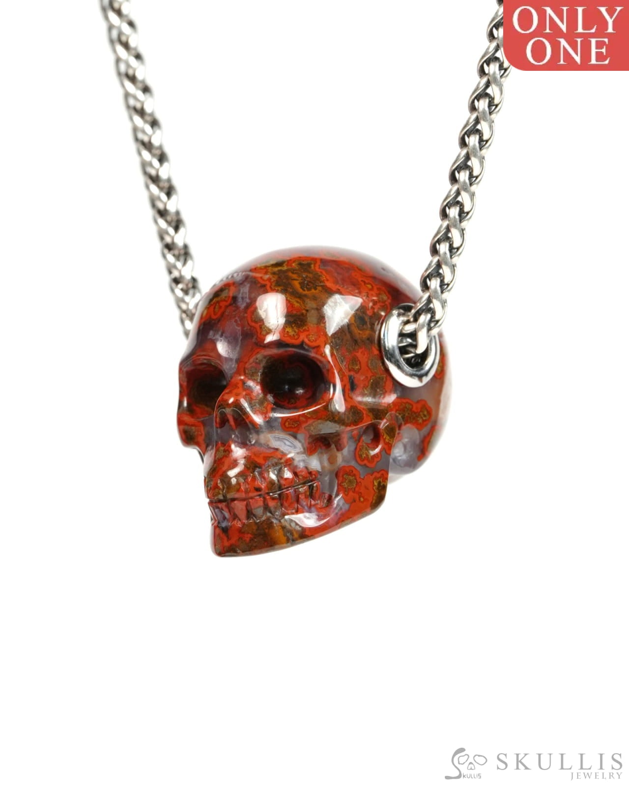 Skullis Signature Red Desert Agate Gem Skull Pendant or Necklace Hand Carved for Women & Men - 9900305 - Skull Pendants