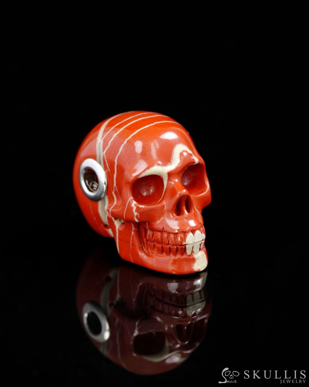 Skullis Signature Spiderweb Red Jasper Gem Skull Pendant or Necklace Hand Carved Sterling Silver 925 Chain for Women &