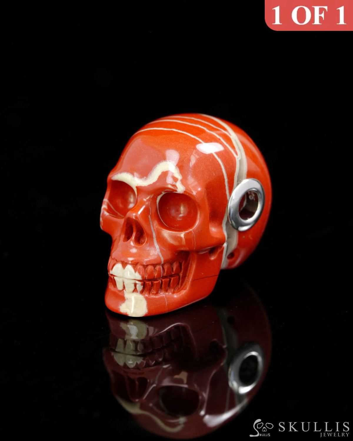 Skullis Signature Spiderweb Red Jasper Gem Skull Pendant or Necklace Hand Carved Sterling Silver 925 Chain for Women &