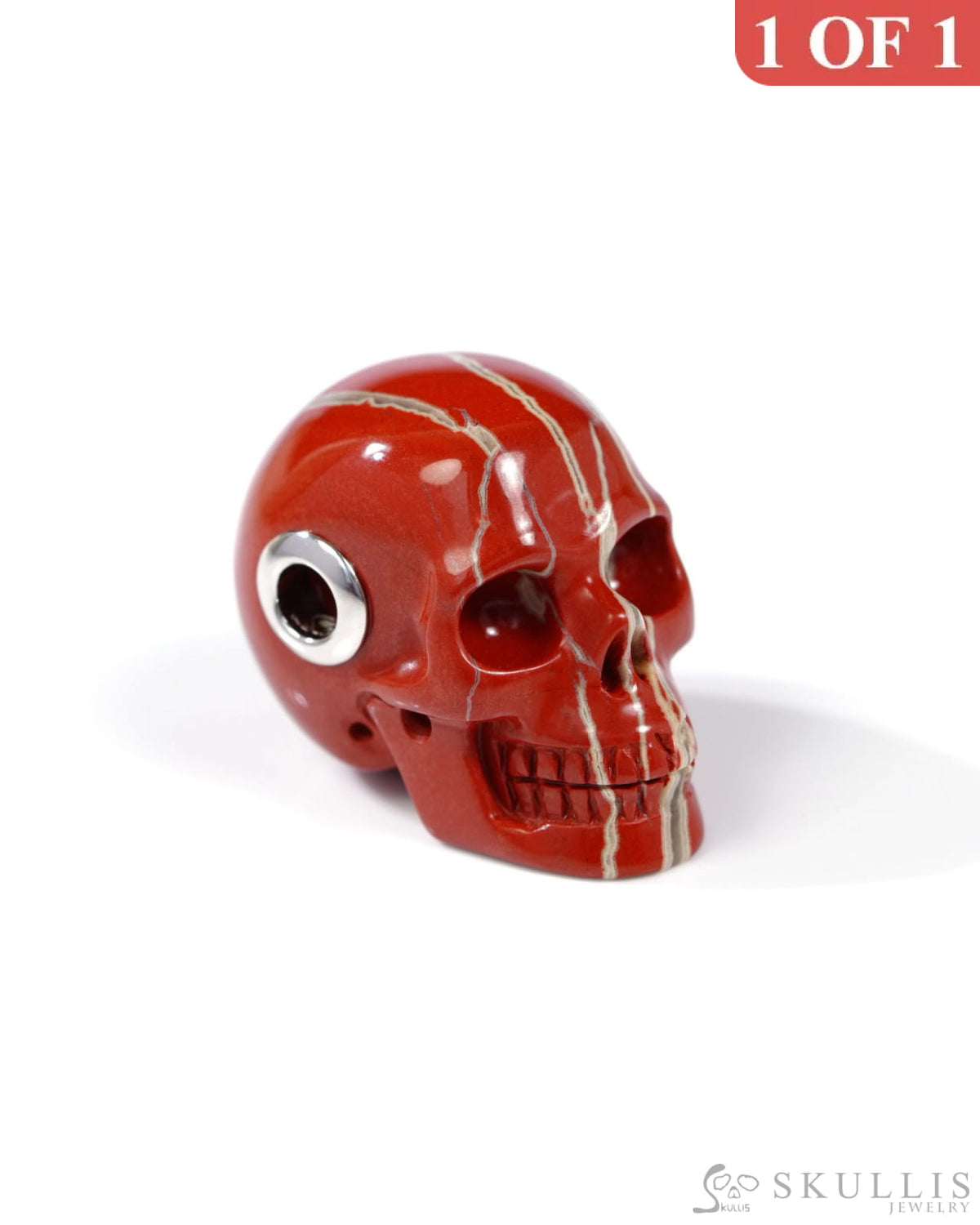 Skullis Signature Red Jasper Gem Skull Pendant or Necklace Hand Carved Sterling Silver 925 Chain for Women & Men